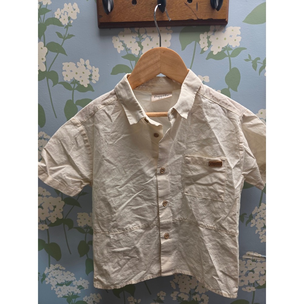 Popelin Kids Organic Cotton Short Sleeve Button Up Shirt Cream Ivory Size 4
